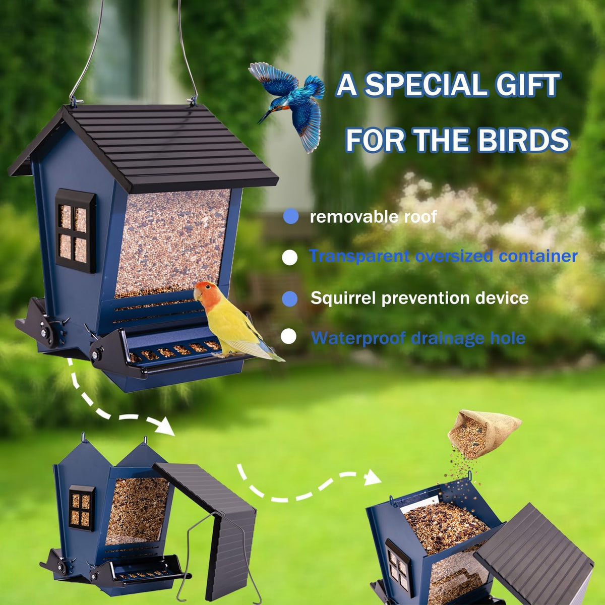 Squirrel Proof Bird Feeders for Outdoors with Weight-Activated, Metal 5LB Large Wild Bird Feeders for Cardinals,Blue