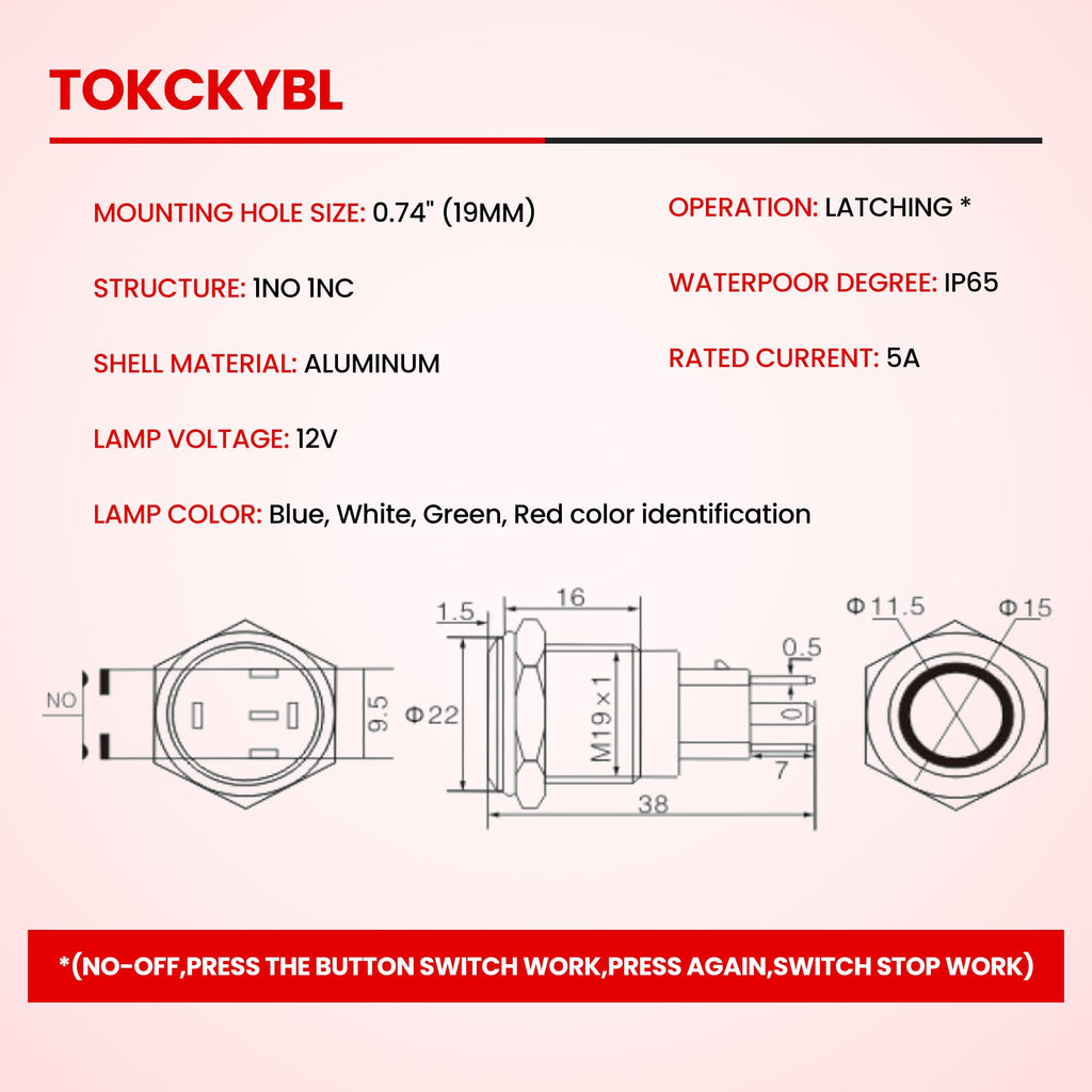 TOKCKYBL 19mm Latching Push Button Switch 12V DC, IP65 Waterproof