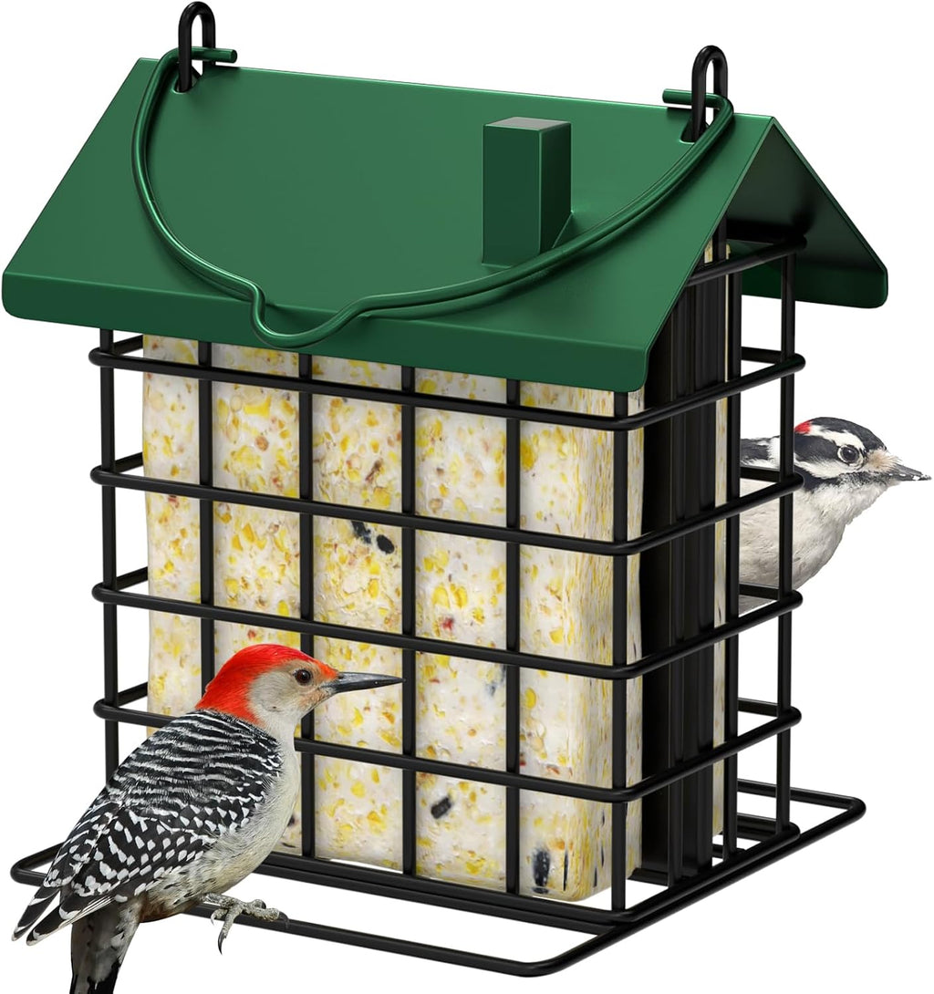 All-Metal Double Suet Bird Feeder for Outdoors Hanging, Green Roof