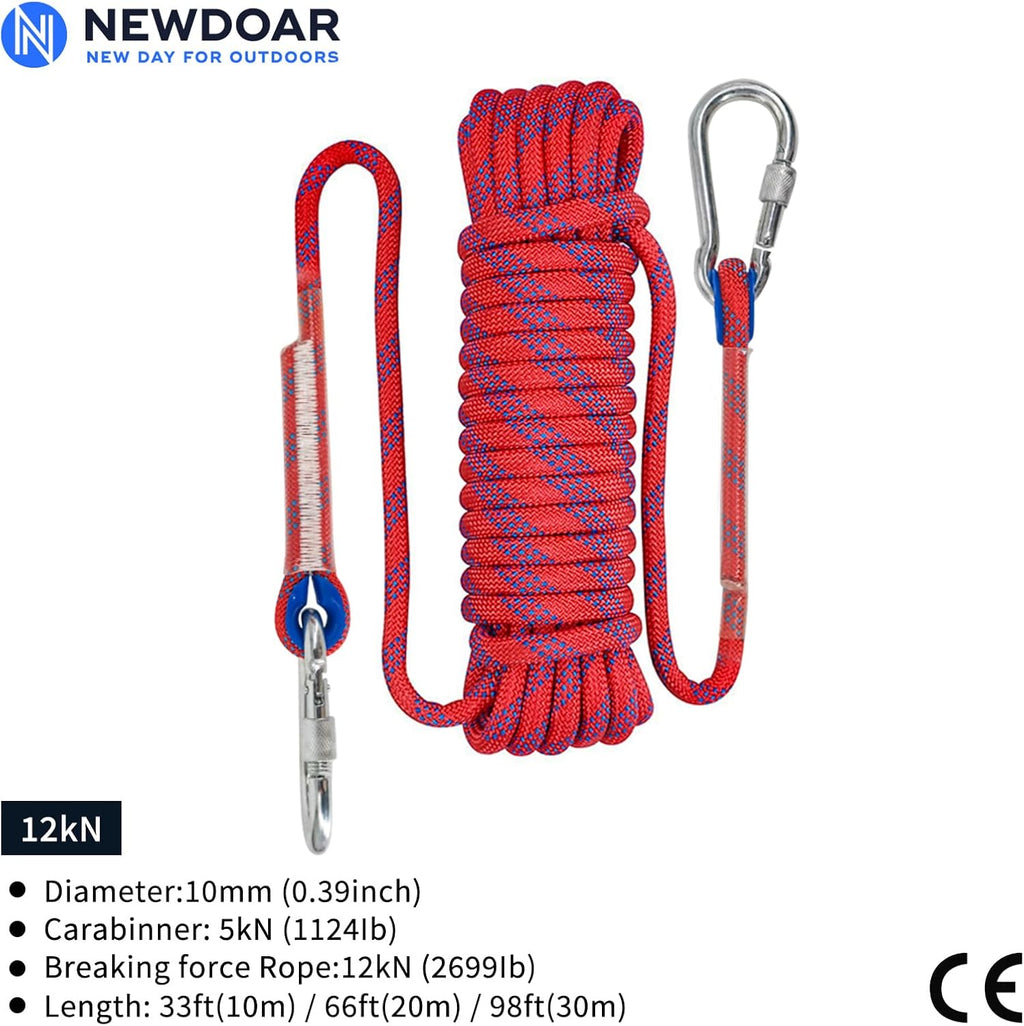 Climbing Rope 8(5/16in),10mm (3/8in), High Strength Accessory Cord Rope with 2 Steel Hooks, for Outdoor Rescue