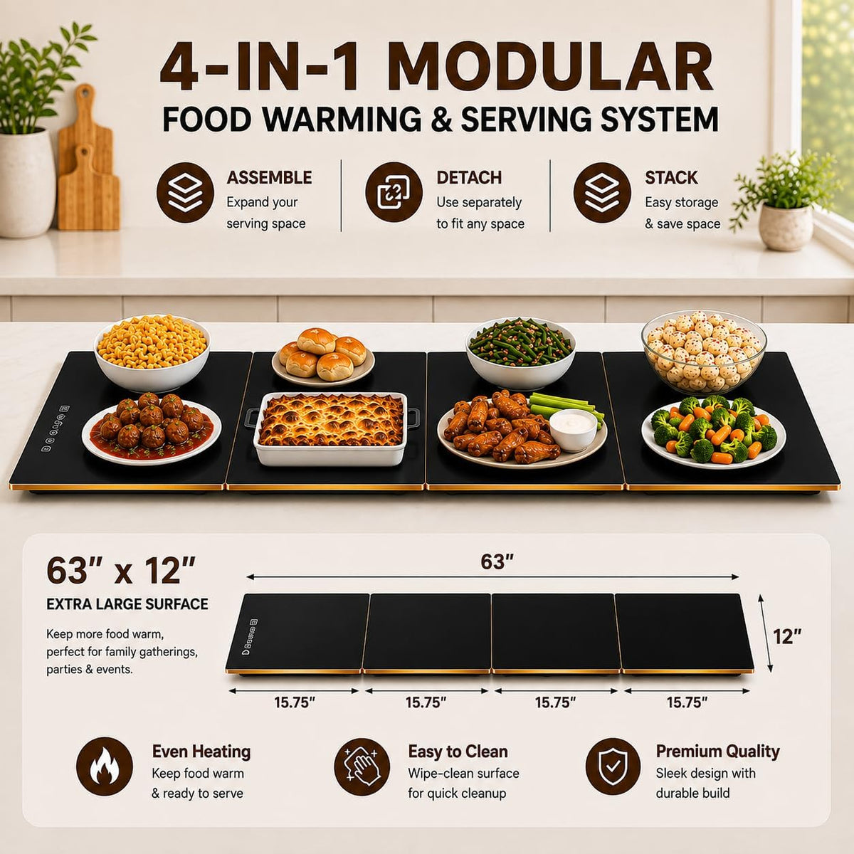 63"×12" Food Warmers for Parties Buffet, Linkable Warming Trays for Buffets