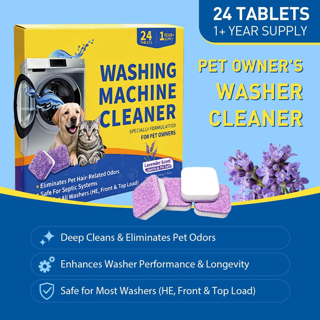24 Count Washing Machine Cleaner for Pet Hair Relief Tablets - HE-Safe, Septic-Safe, Lavender Scent, 1-Year+ Supply