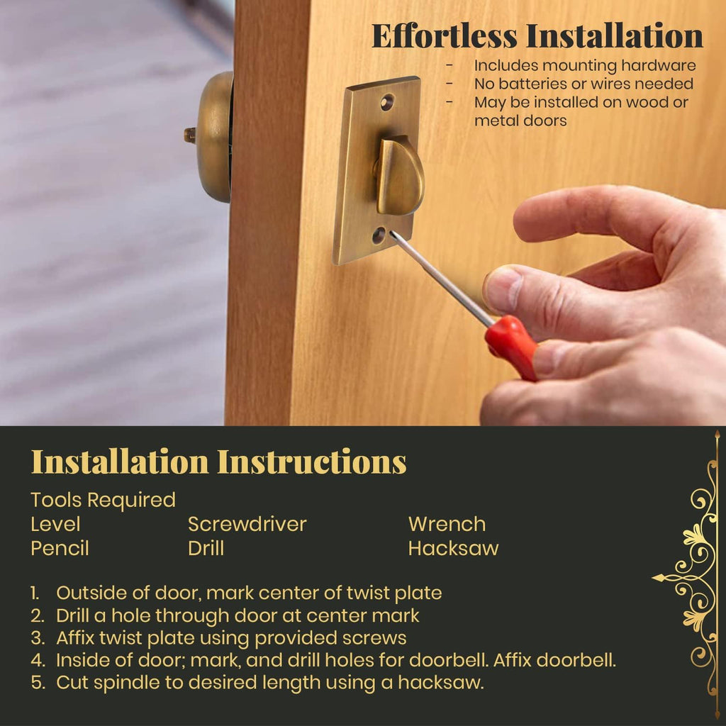 Mechanical Doorbell, Solid Brass, Antique Brass Finish | 2 6/7 x 1 3/5" Exterior Plate, 4 3/5 x 3 1/3" Wireless