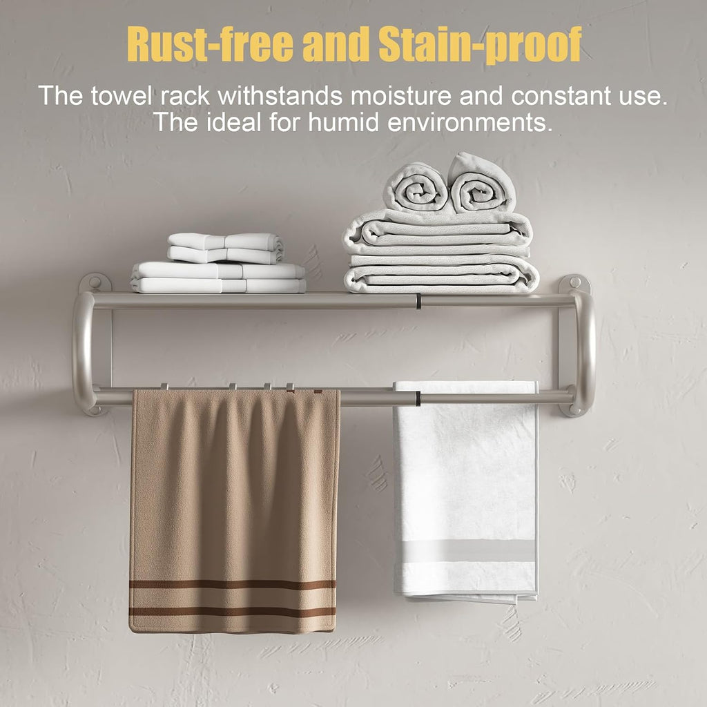 Adjustable 15-25 Inch Towel Rack with Shelf for Bathroom and Lavatory Towel Shelf Double Towel Bar Rod 4 Hooks Wall