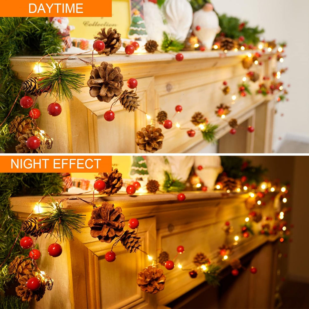 2 Pack Christmas Garland With Lights - 7.2Ft 20 LED Red Berry Pine Garland Battery Operated for Mantle Fireplace