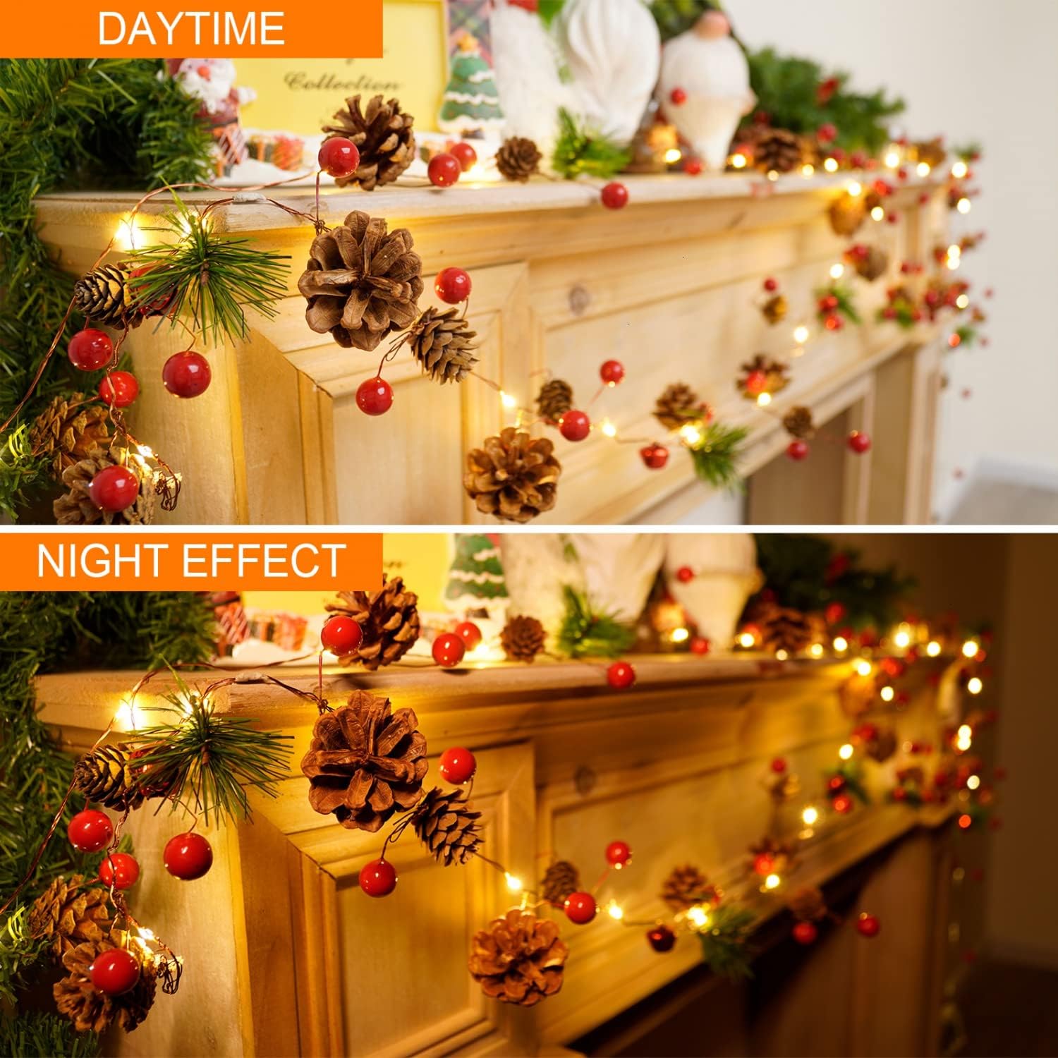 2 Pack Christmas Garland With Lights - 7.2Ft 20 LED Red Berry Pine Garland Battery Operated for Mantle Fireplace