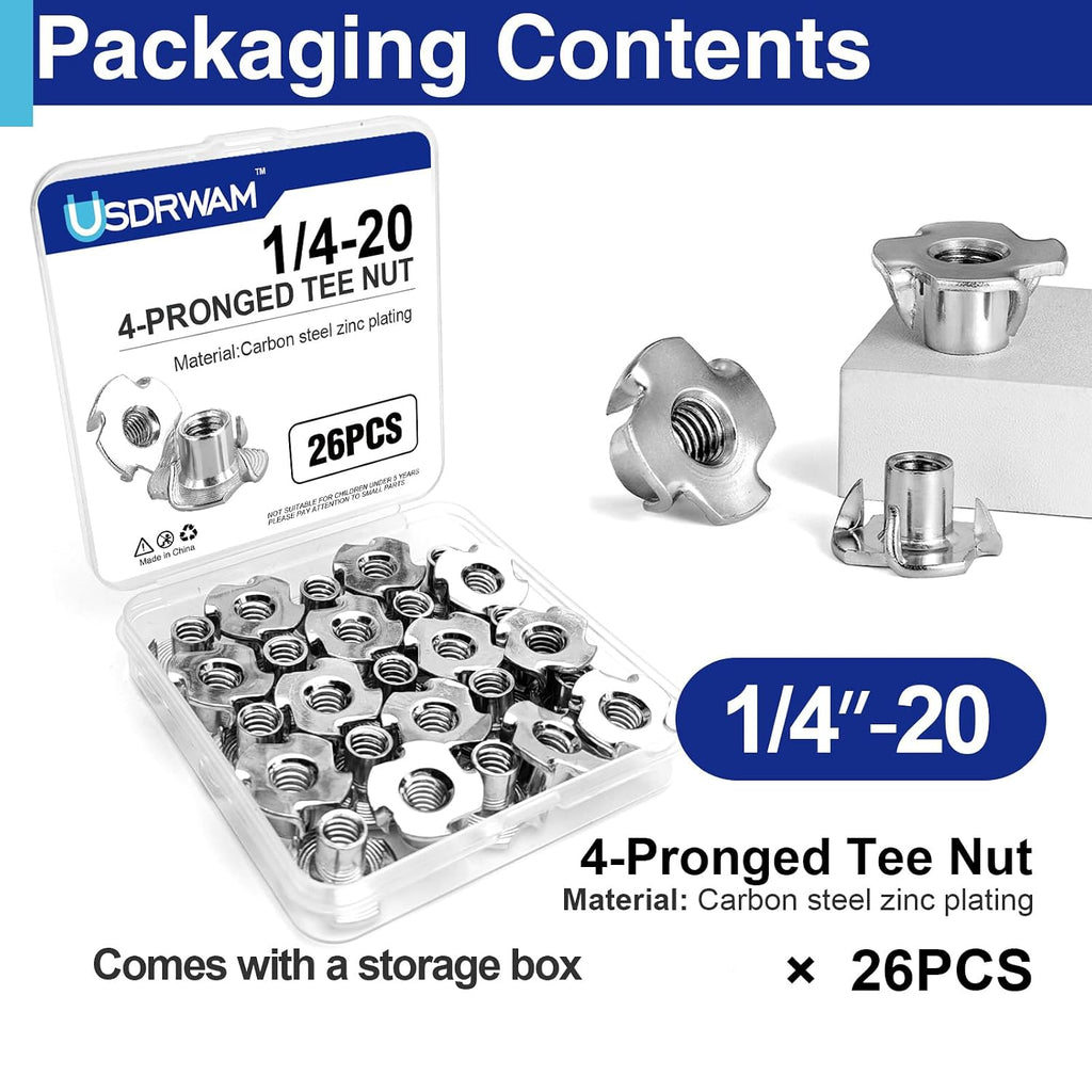 26PCS 1/4"-20 T Nuts for Wood, Zinc-Plated 4-Prong Tee Nuts
