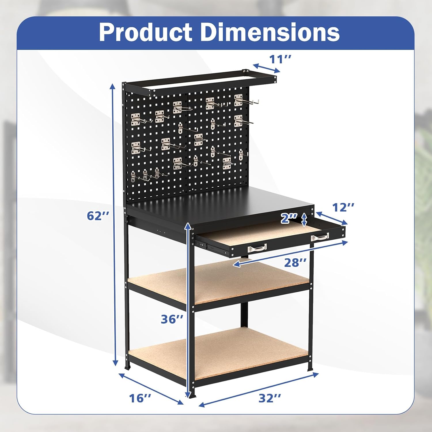 32" Work Bench with Drawer, Pegboard and 19 PCS Hanging Kits, Black | Heavy Duty Garage Work Table, Tool Bench