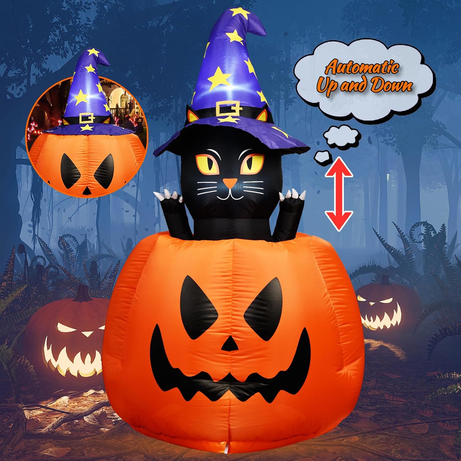 5.3 FT Halloween Inflatable Animated Witch Cat in Pumpkin, Blow Up Yard Decorations with Build-in LEDs Lighted Decor