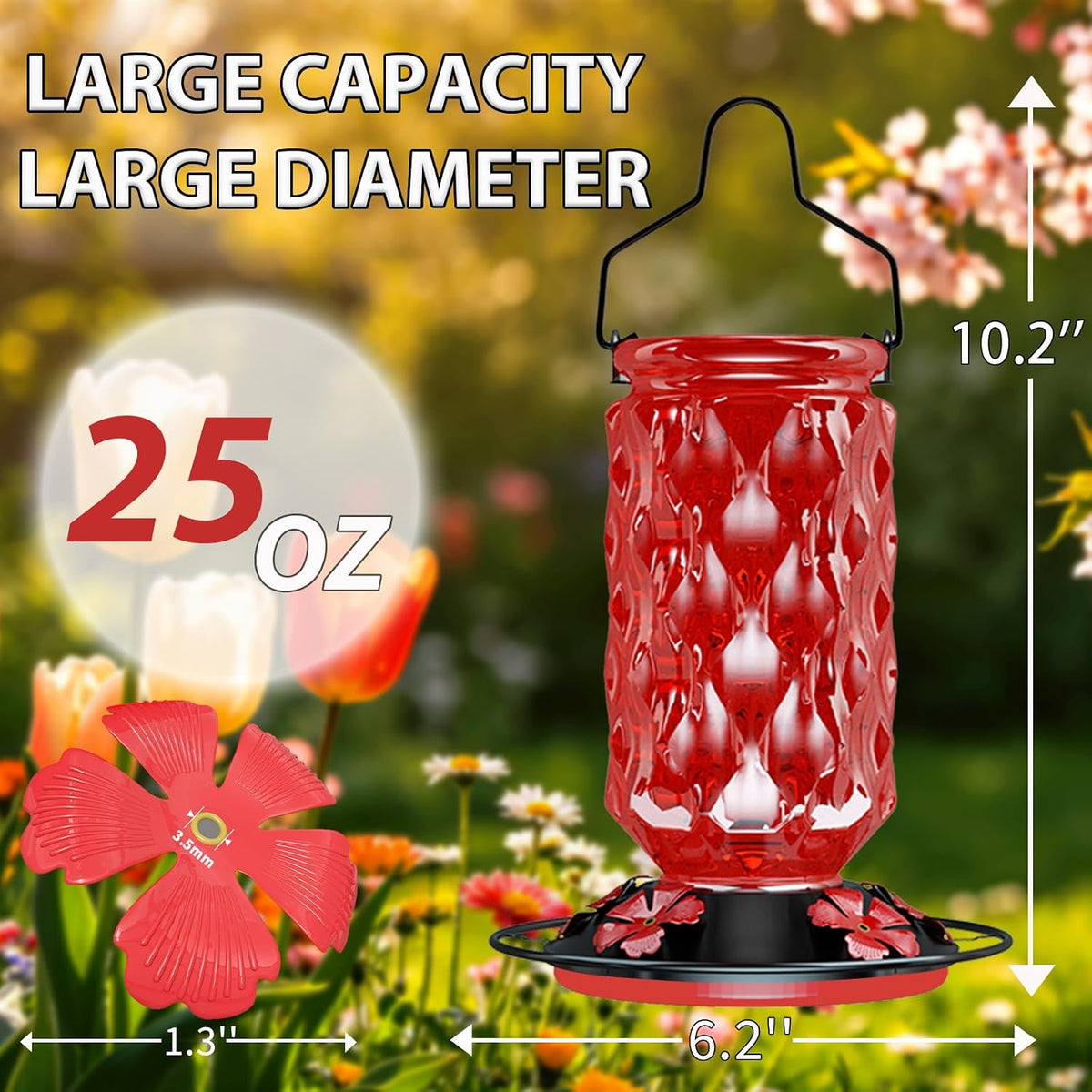 Glass Hummingbird Feeder, Outdoor Hanging, 25 OZ Large Nectar Capacity, Red