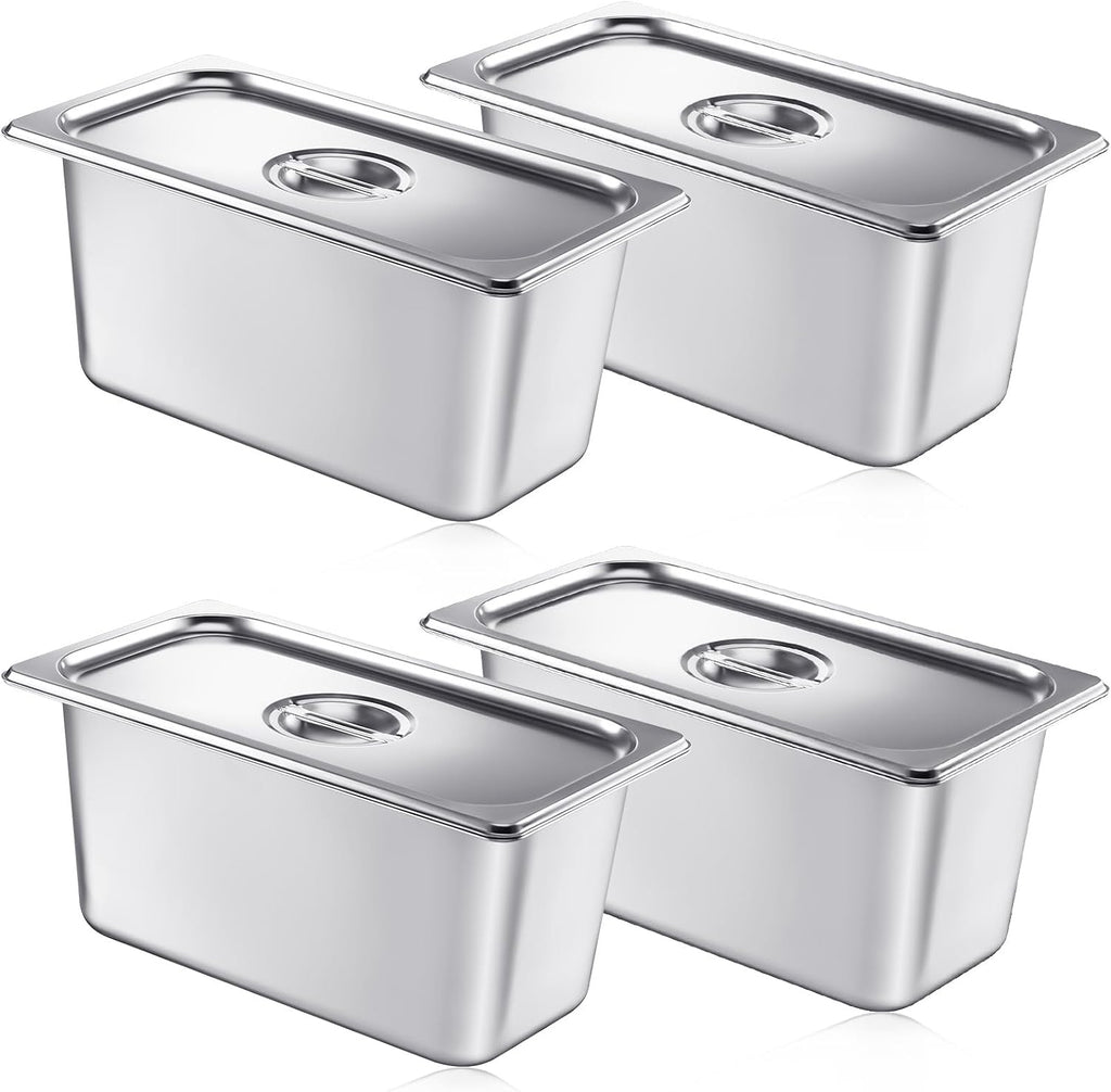 4 Pack Stainless 1/3 Size x 6 Inch Deep Steam Table Pans with Lids