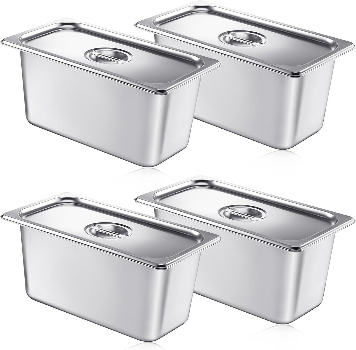 4 Pack Stainless 1/3 Size x 6 Inch Deep Steam Table Pans with Lids