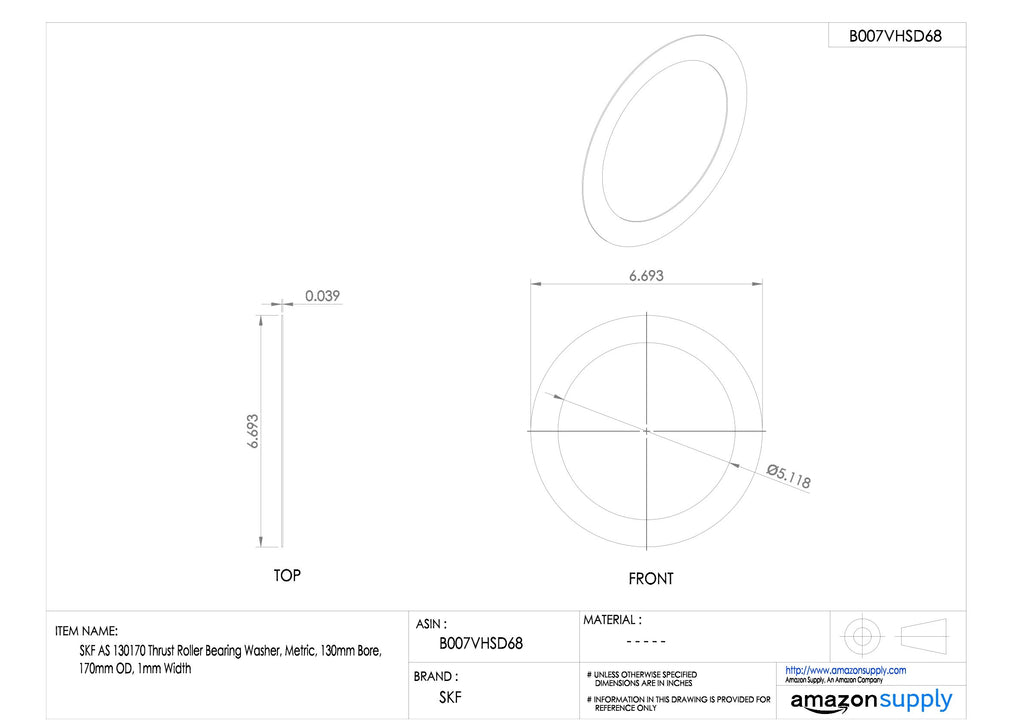 SKF AS 130170 Thrust Roller Bearing Washer, Metric, 130mm Bore, 170mm OD, 1mm Width