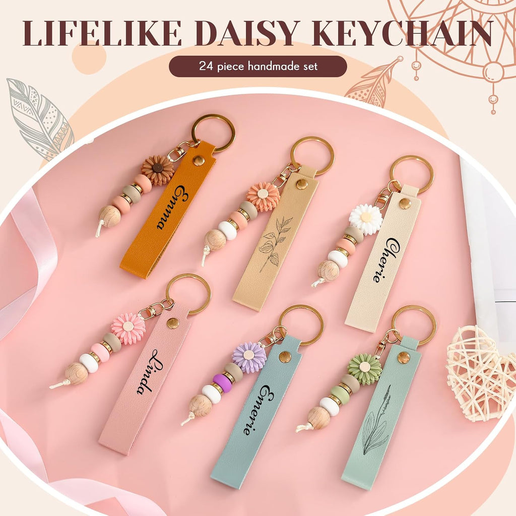 12 Set Daisy and PU Leather Beadable Keychain Bars Bulk Laser Engraving Blanks Keychain Kit for DIY Crafts Jewelry