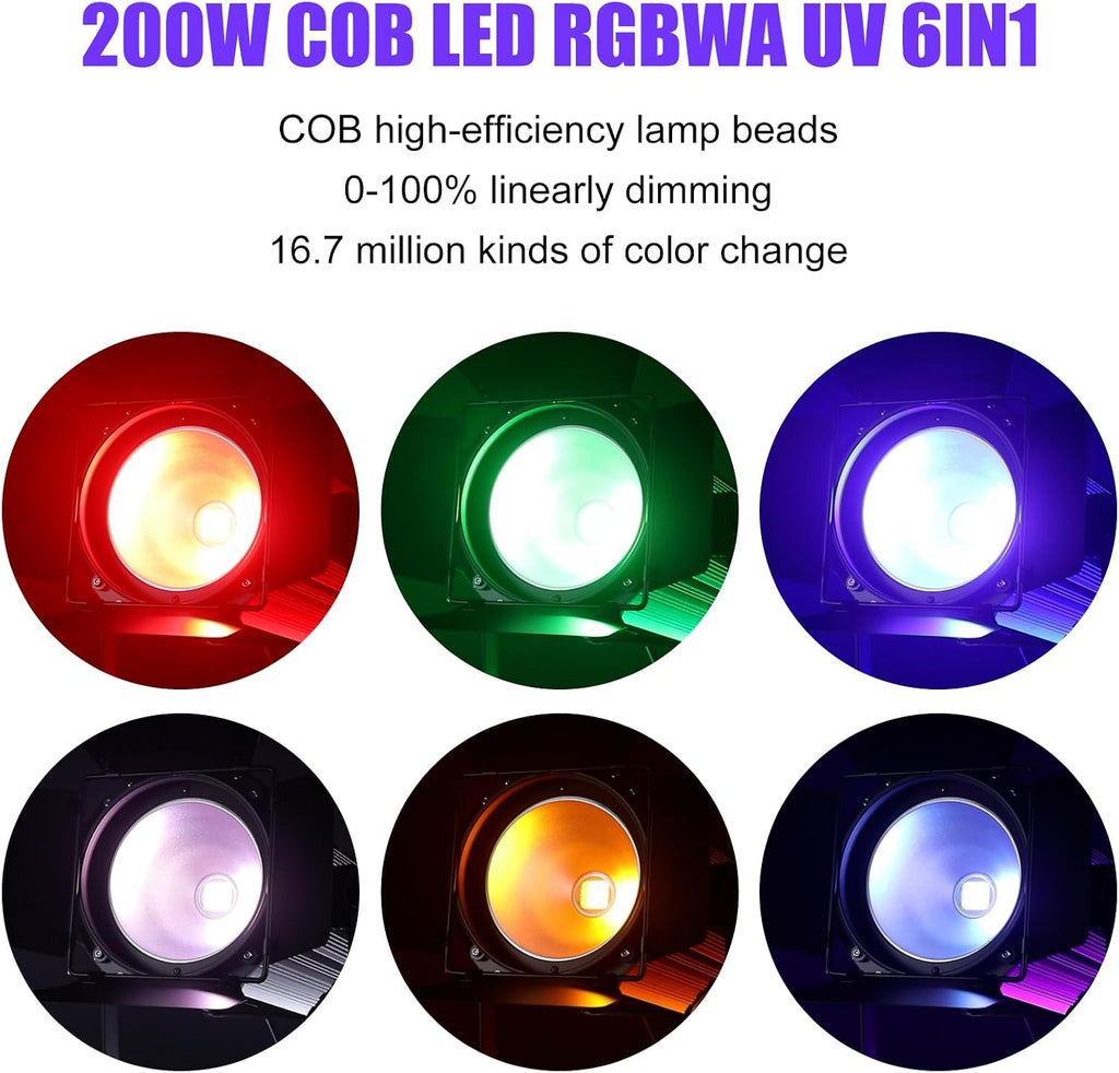 COB Stage Lights with Barn Doors, COB Par Light 200W LED RGBWAUV DMX512 Master-Slave Sound DJ Lighting Spotlight