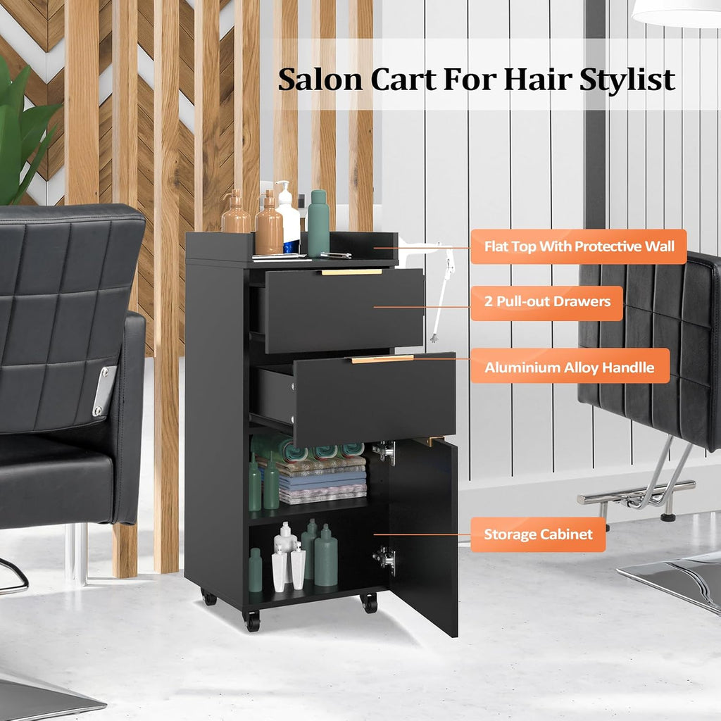Salon Trolley with Wheels, 2 Drawers & 1 Storage Cabinet, Salon Cart for Hair Stylist, Portable Styling Station for