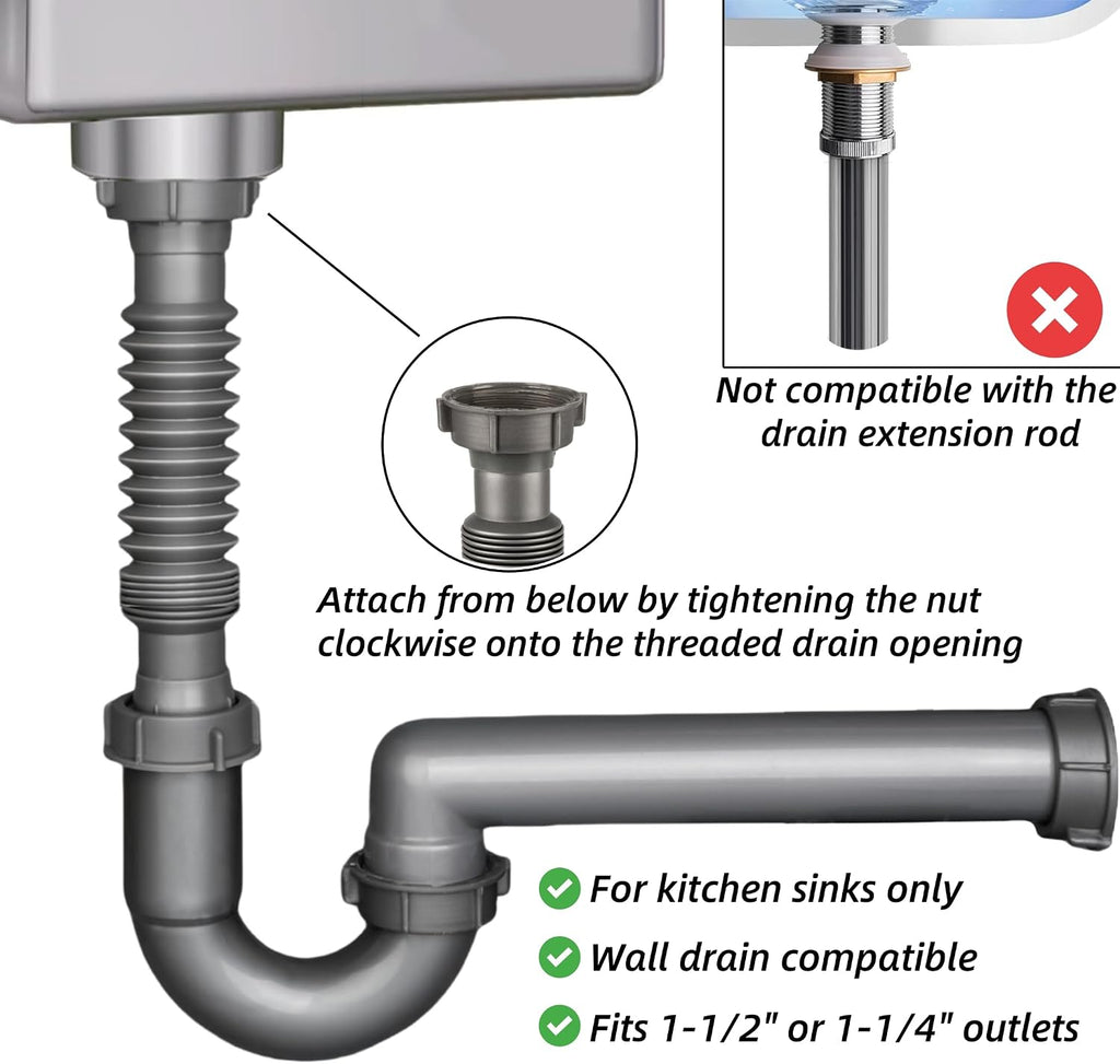 Flexible Sink Drain Kit, 1-1/2 In Expandable P-Trap For Wall Outlet | 1-1/4 In Adapter Included, Tool-Free Setup