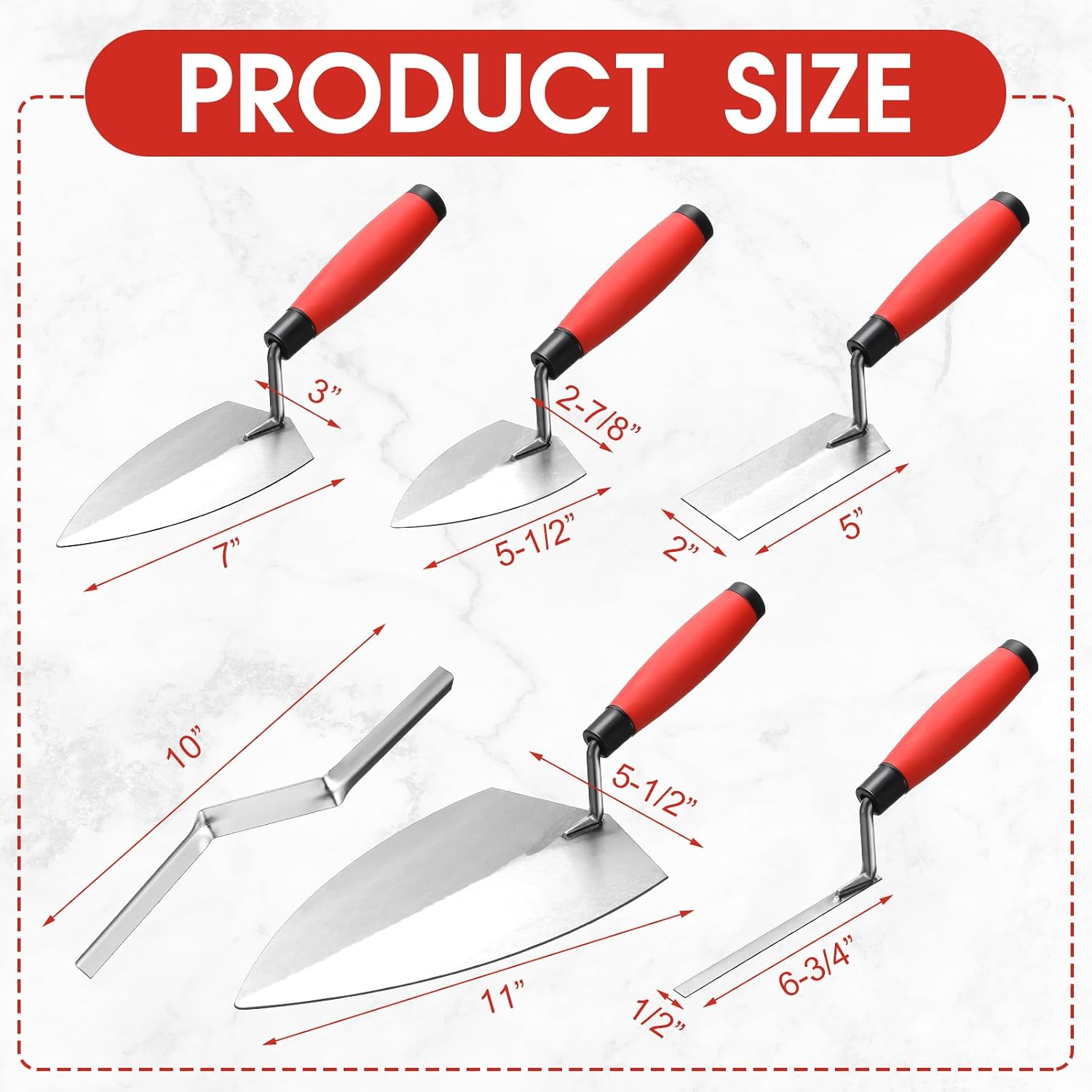 6 PCS Masonry Hand Tool Set 11" x 5-1/2" Philadelphia Brick Trowel 2 Pointing Trowel 5 x 2'' Margin 1/2" Tuck 5/8'' x