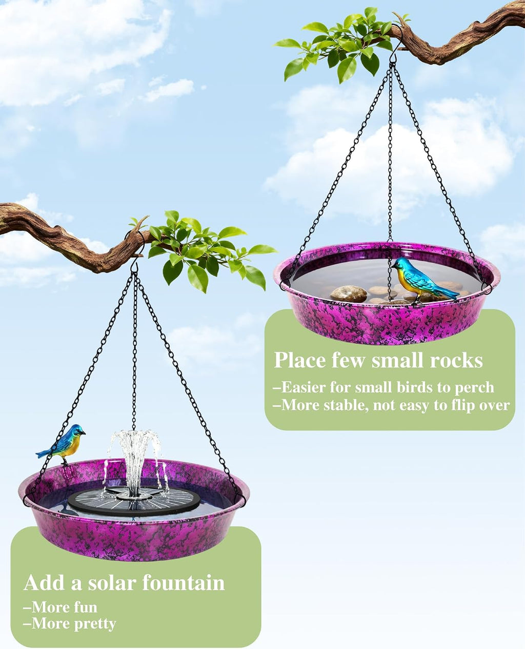Hanging Bird Bath & Feeder, 11.5" Metallic Purple/Blue Metal Birdbath Bowl