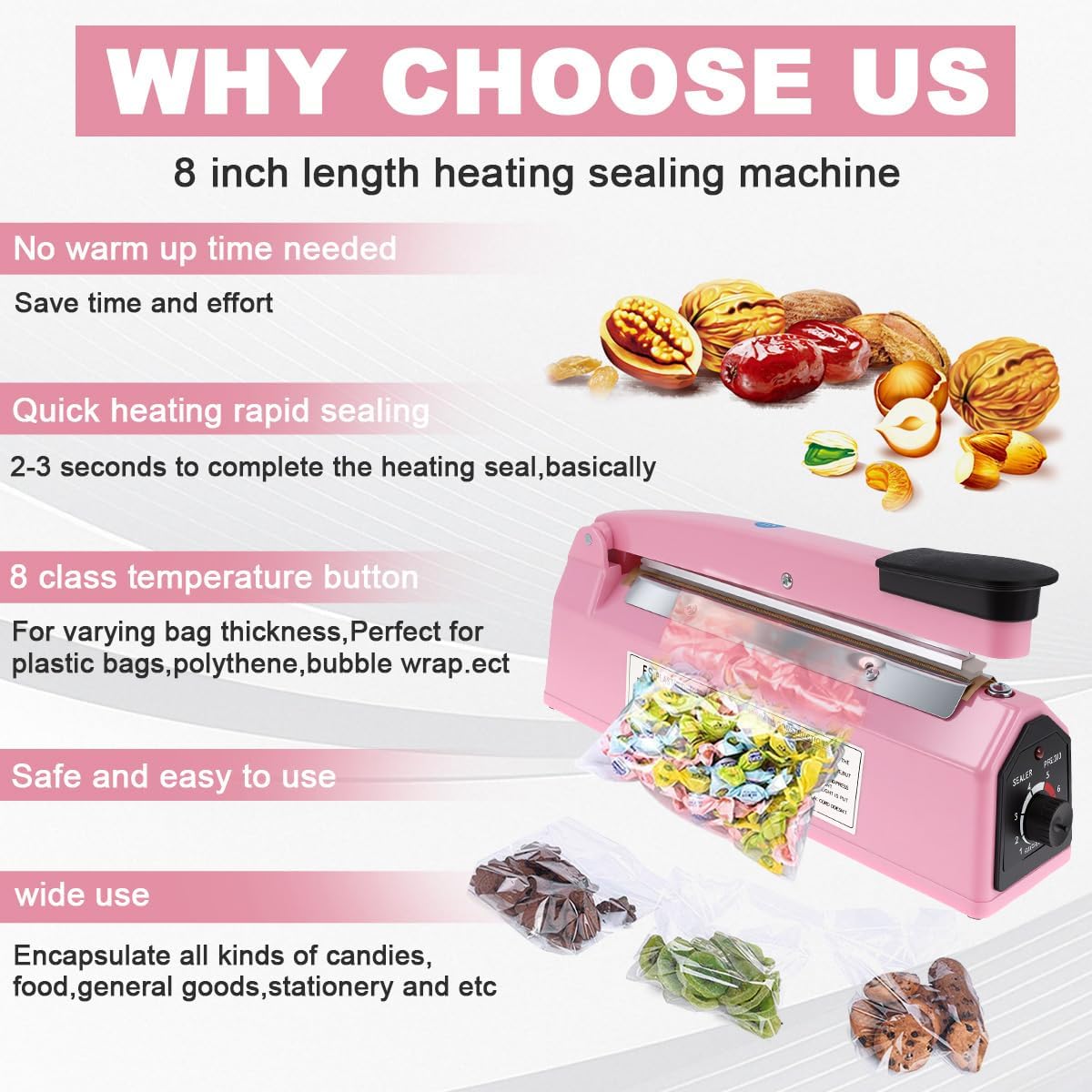 8 Inch Impulse Heat Sealer Machine with Extra Replace Element Grip, Pink