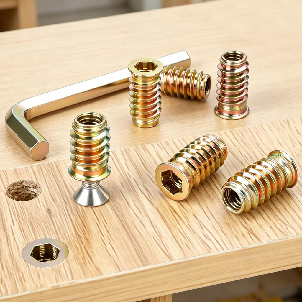 M8 x 15mm Threaded Inserts for Wood, Zinc Plated Carbon Steel Hex Socket Drive Insert Nuts for Wood Furniture, Hex Spanner Included, 40 PCS