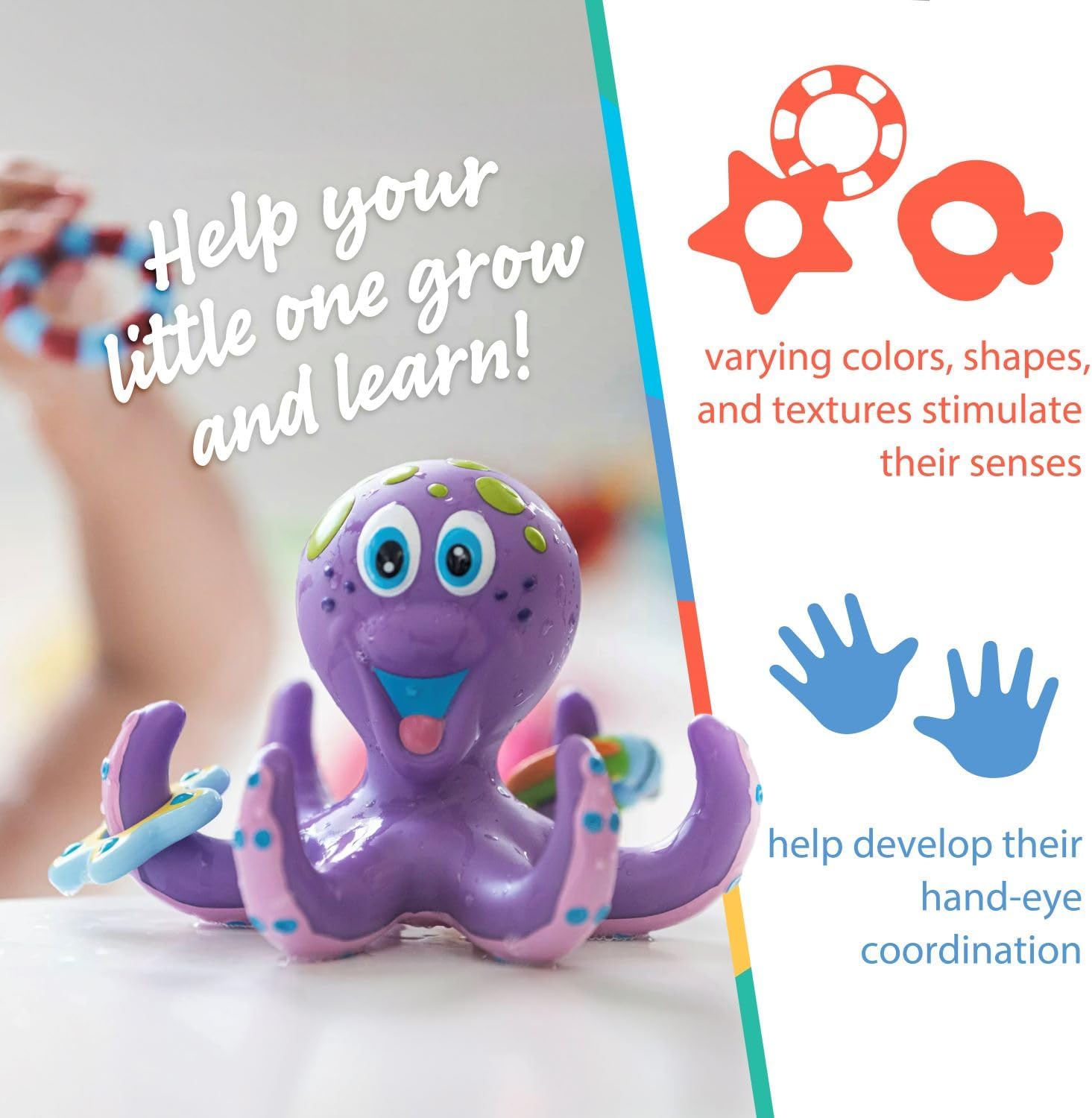 Floating Octopus with 3 Hoopla Rings - Baby & Toddler Bath Toy - No Hole Design Keeps Moisture Out - Fine Motor