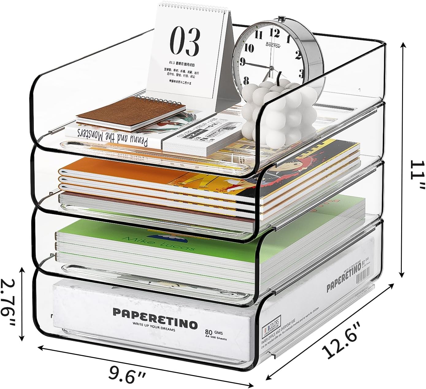 4-Tier Acrylic Paper Tray Organizer, Clear Stackable Desk File Organizer for Documents, Files, Letters, A4 Paper