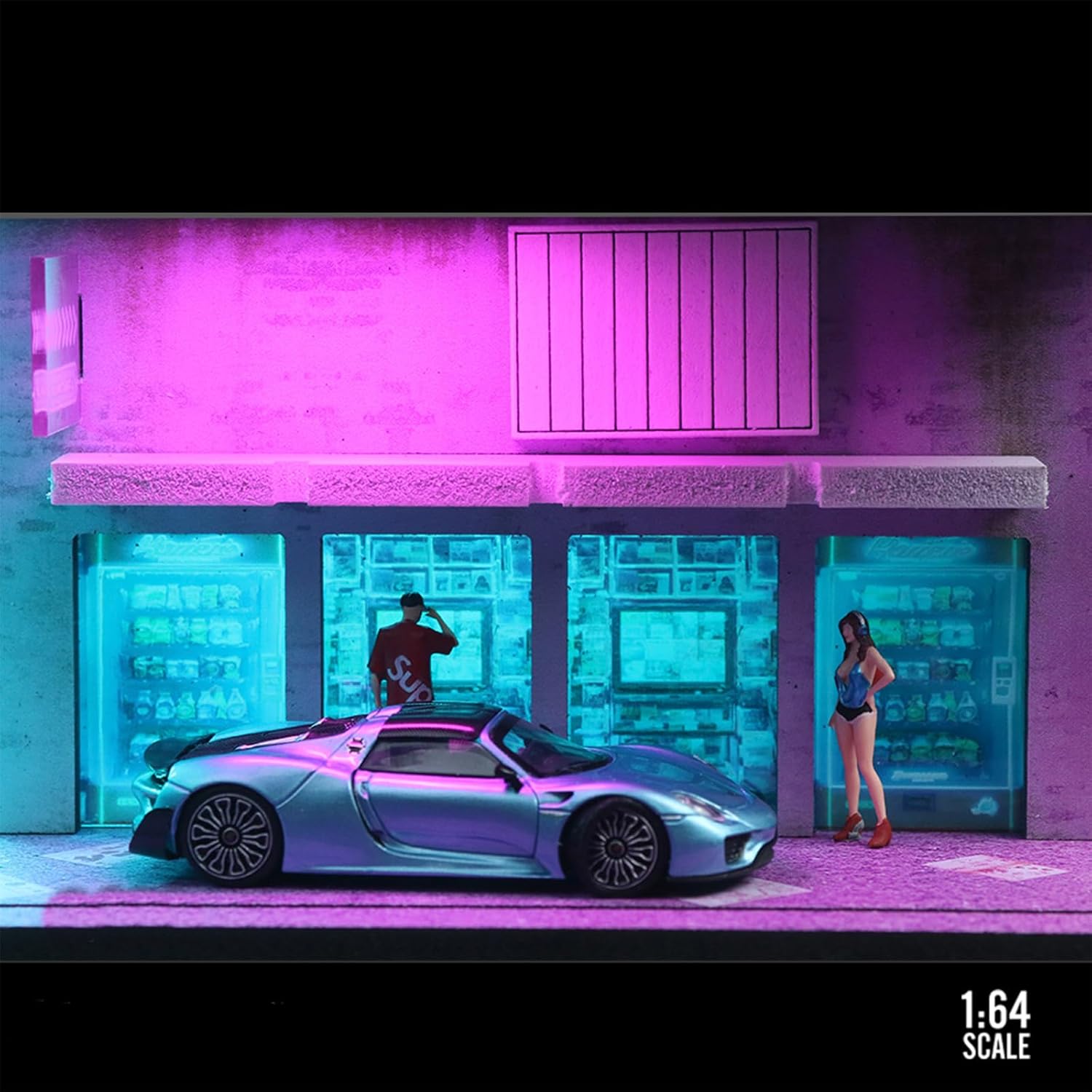 1/64 Neon Style LED Diorama Display Case for Model Car & Figures | Compatible with Hot Wheels Matchbox Mini GT