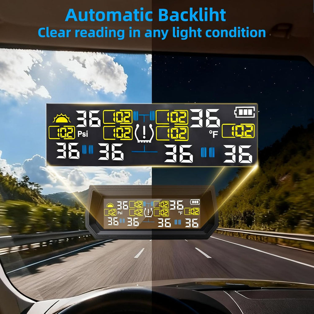 Tire Pressure Monitoring System TPMS, Solar Charge Tire Pressure Monitor with 4 External Sensors & 6 Alarm Modes