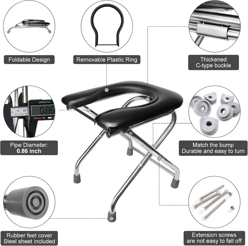 Portable Toilet for Camping, 350LBS Stainless Steel Foldable Camp Travel Toilet with Soft Seat for Adults, 16.5-Inch