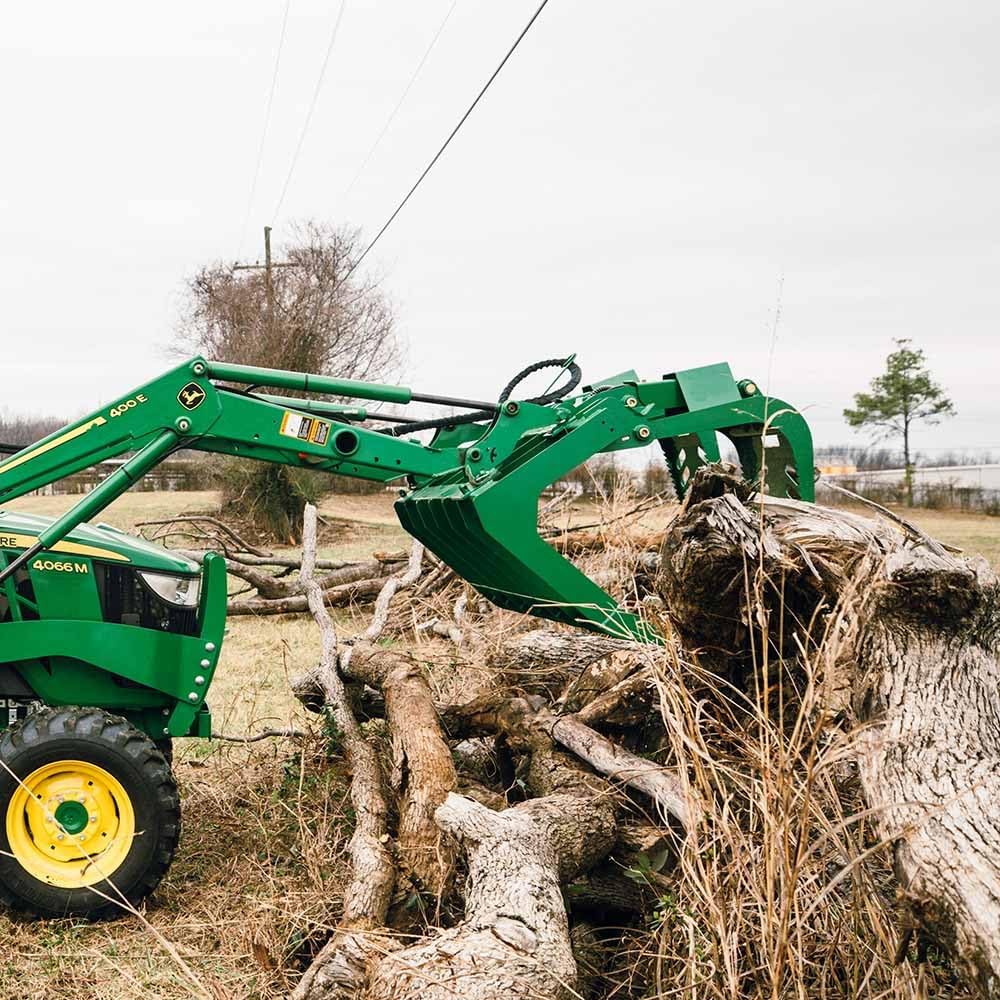 Grade 50 Standard Series Root Grapple Bucket Fits John Deere Hook and Pin, Dual Cylinder Hydraulic Design for