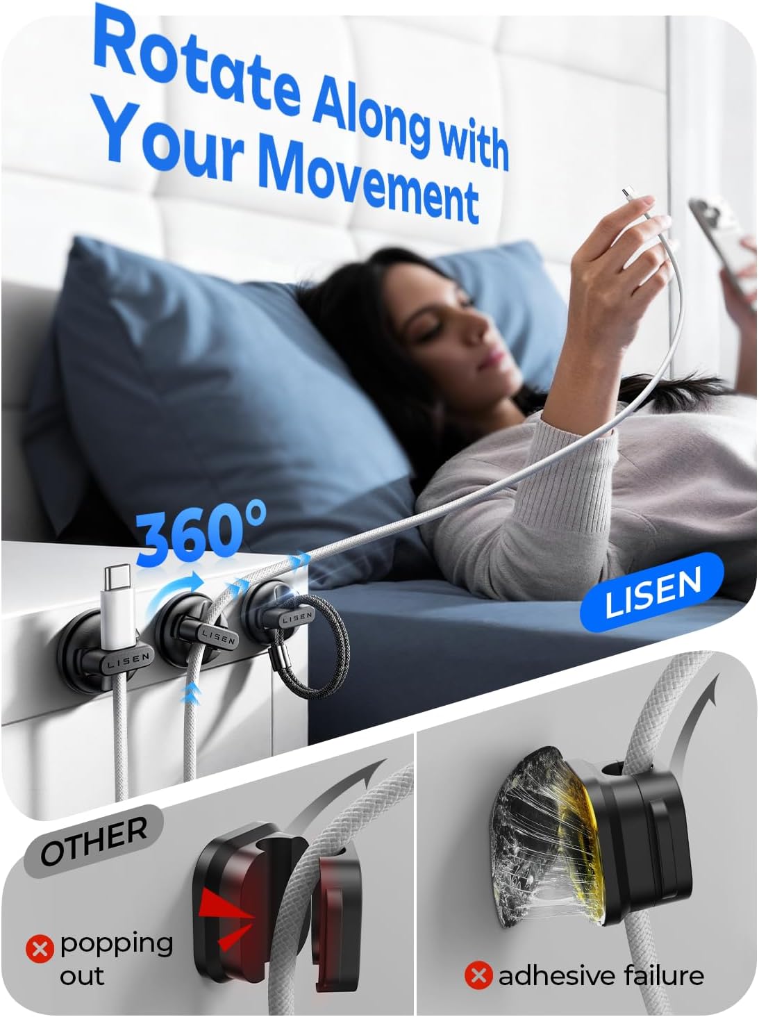 6-Pack Rotatable Cord Holder for Nightstand, LISEN 360°Rotating Magnetic Clips, No-Residue Strong Adhesive Cord