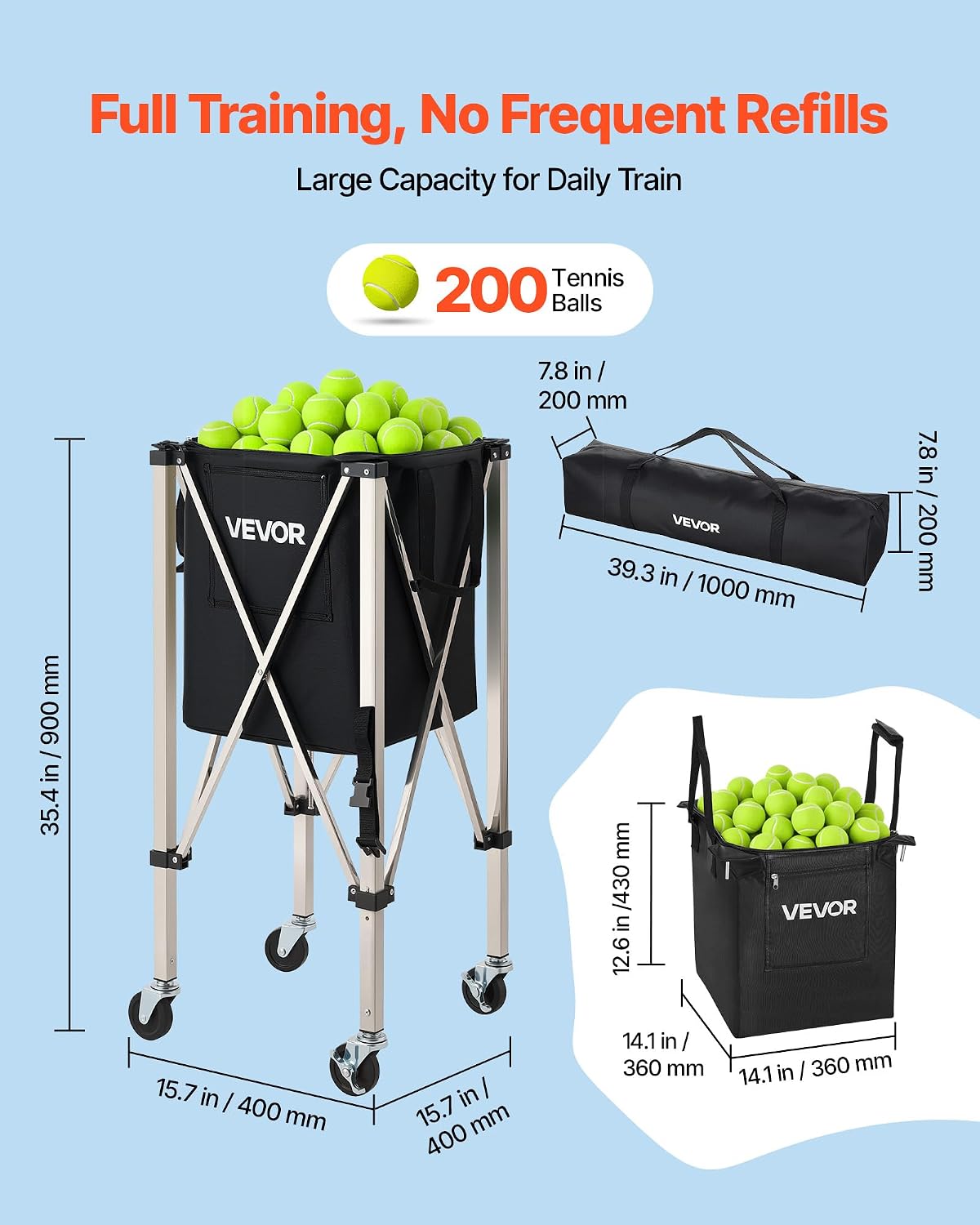 Tennis & Pickleball Hopper Holds 200/175/150/120 Balls, 3-in-1 Tennis Foldable Pickleball Basket Cart for Easy