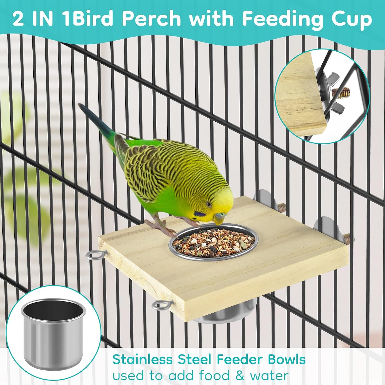5in1 Bird Toys, Birdie Perches Platform Swing with Stainless Steel Feeding Cup Climbing Ladder, Wooden Play Gym for