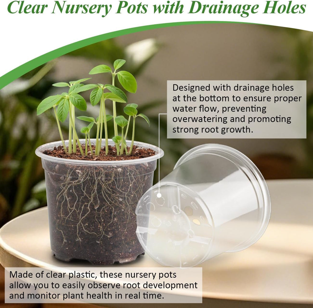 60 Pack Clear Nursery Pots with Humidity Domes, 4 Inch Plastic Plant Pots with Drainage Holes for Seedlings