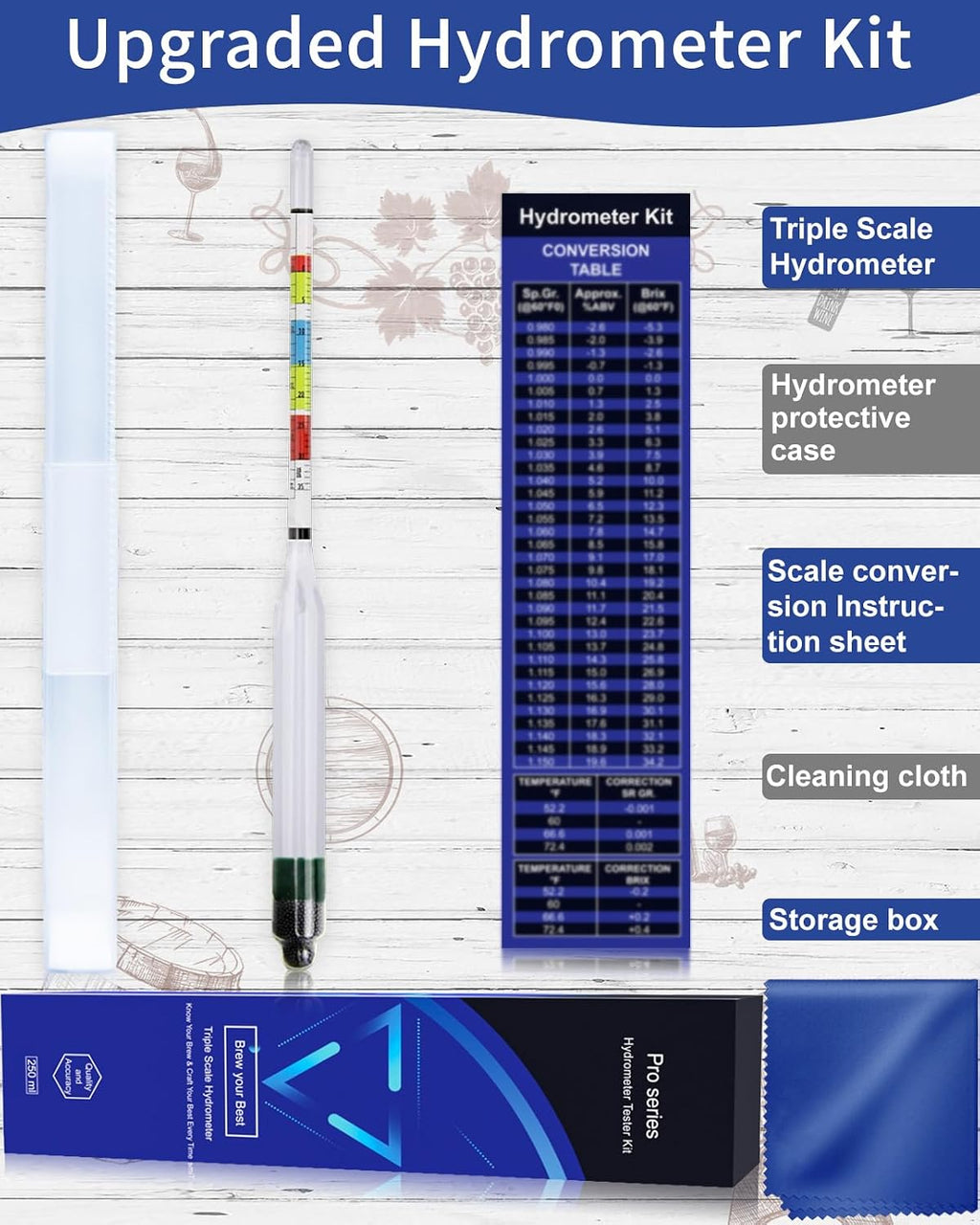 Triple Scale Hydrometer, Specific Gravity Hydrometer for Wine Making, Mead, Kombucha & Beer, Mead Making Kit, ABV