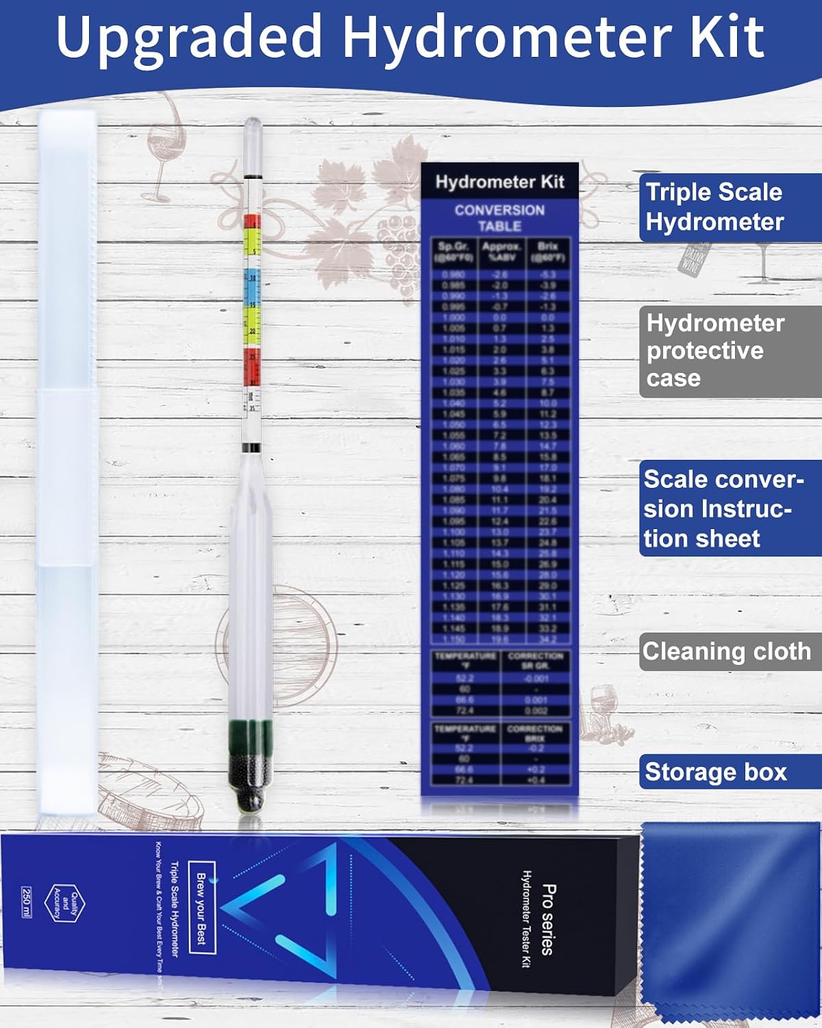 Triple Scale Hydrometer, Specific Gravity Hydrometer for Wine Making, Mead, Kombucha & Beer, Mead Making Kit, ABV