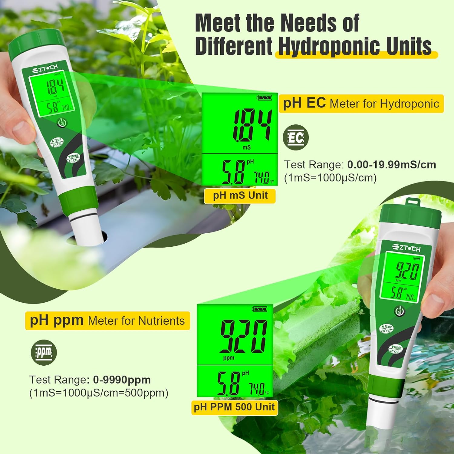 Hydroponic pH EC Meter, Water pH TDS PPM Meter
