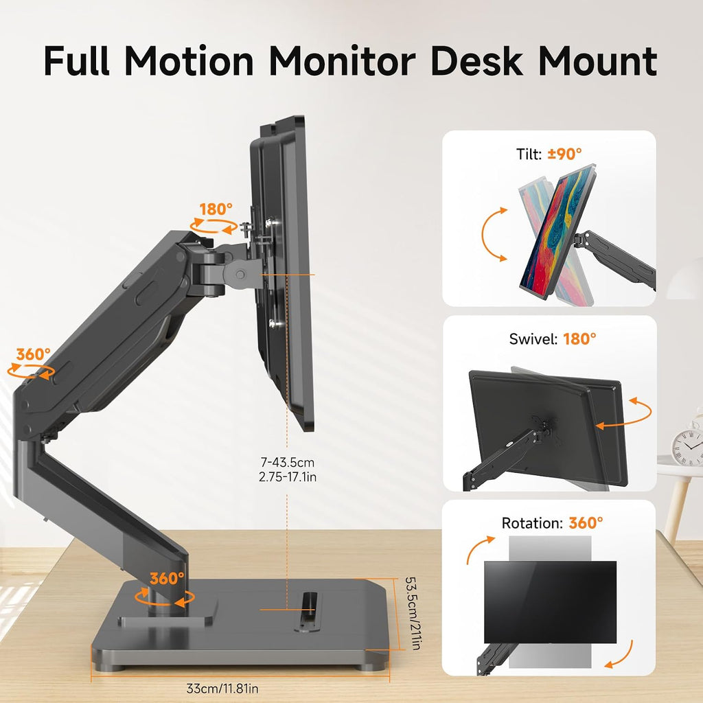 Adjustable Dual Monitor Arms with Base for 17-32" Screens | Pneumatic Dual VESA Monitor Mount with Base, Freestanding