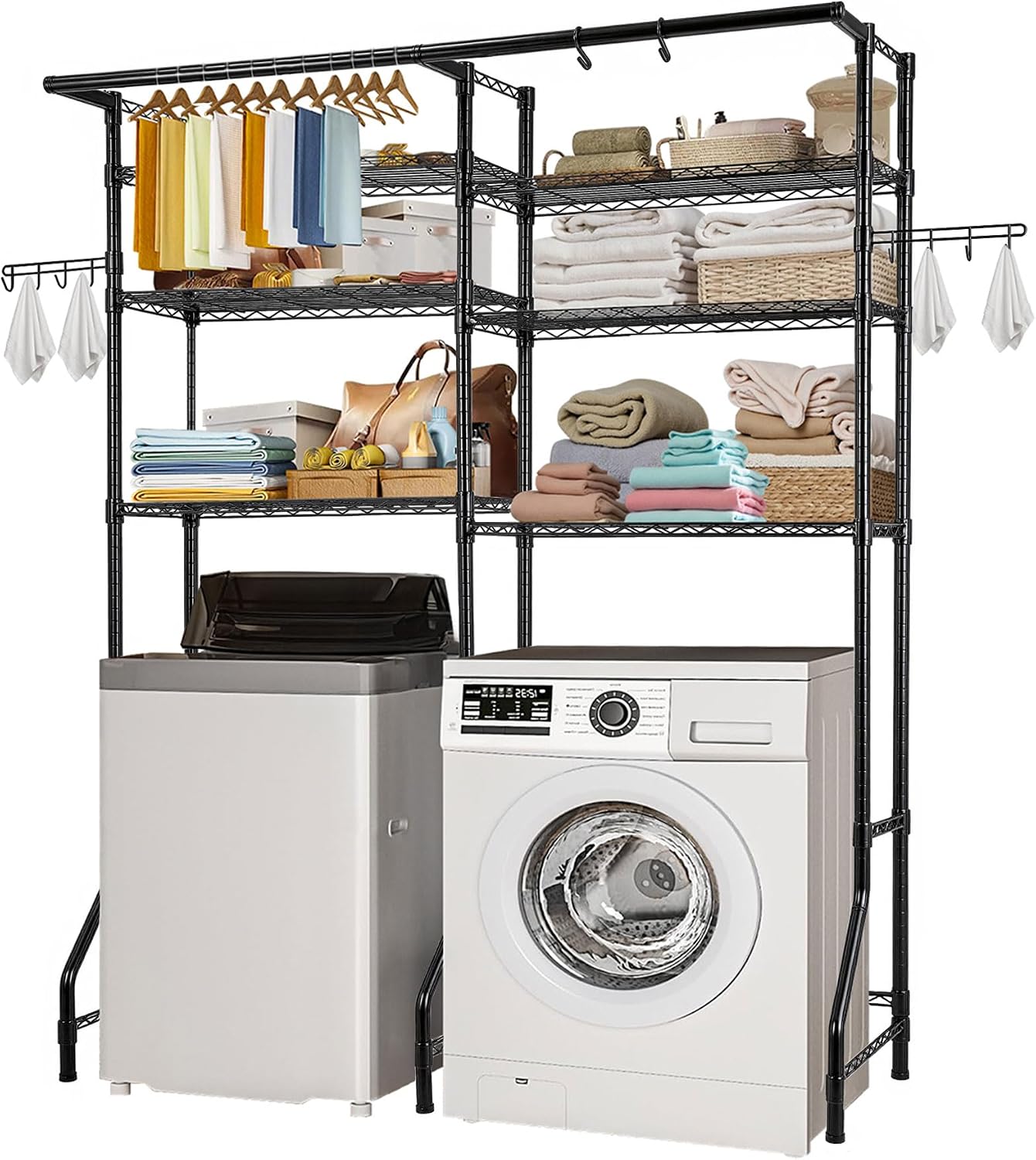 Over Washer and Dryer Storage Shelves, 6 Tiers Laundry Room Drying Rack with Hanger Rod and Hooks, Two Rows
