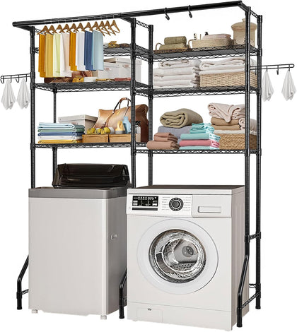 Over Washer and Dryer Storage Shelves, 6 Tiers Laundry Room Drying Rack with Hanger Rod and Hooks, Two Rows