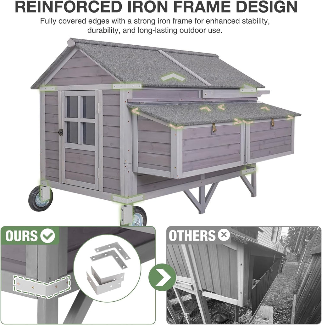 68" Chicken Coop for 8-12 Chickens with Large Wheels, Mobile Wooden Hen House with 4 Nesting Boxes, 4 Perches