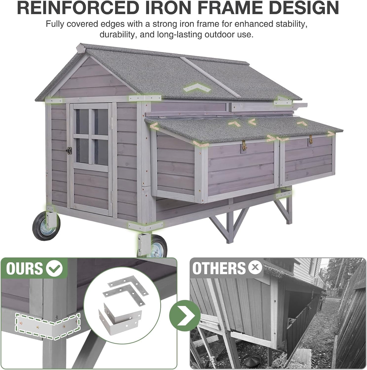 68" Chicken Coop for 8-12 Chickens with Large Wheels, Mobile Wooden Hen House with 4 Nesting Boxes, 4 Perches