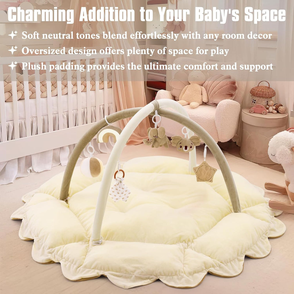 5-in-1 Plush Baby Play Gym, Activity Mat with Convertible Gym, Baby Gym 6 Sensory Toys, Play Center for Newborn to