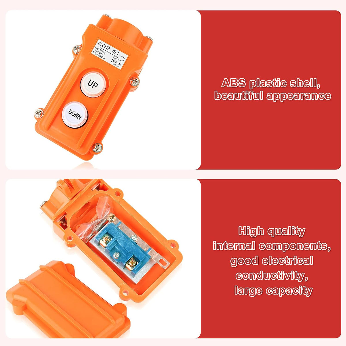 2Pcs Rainproof Crane Push Button Switch, COB61-UP-DOWN Crane Pendant Control Station Push Button Switch with Rubber Cable Barrel
