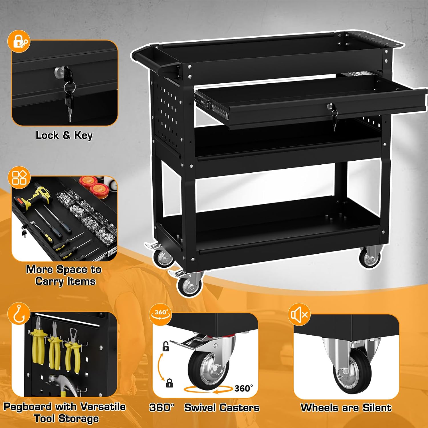 3 Tier Tool Cart on Wheels with Drawers - Three Tier Rolling Cart with Lockable Storage - Mechanic Tool Chest - Tool
