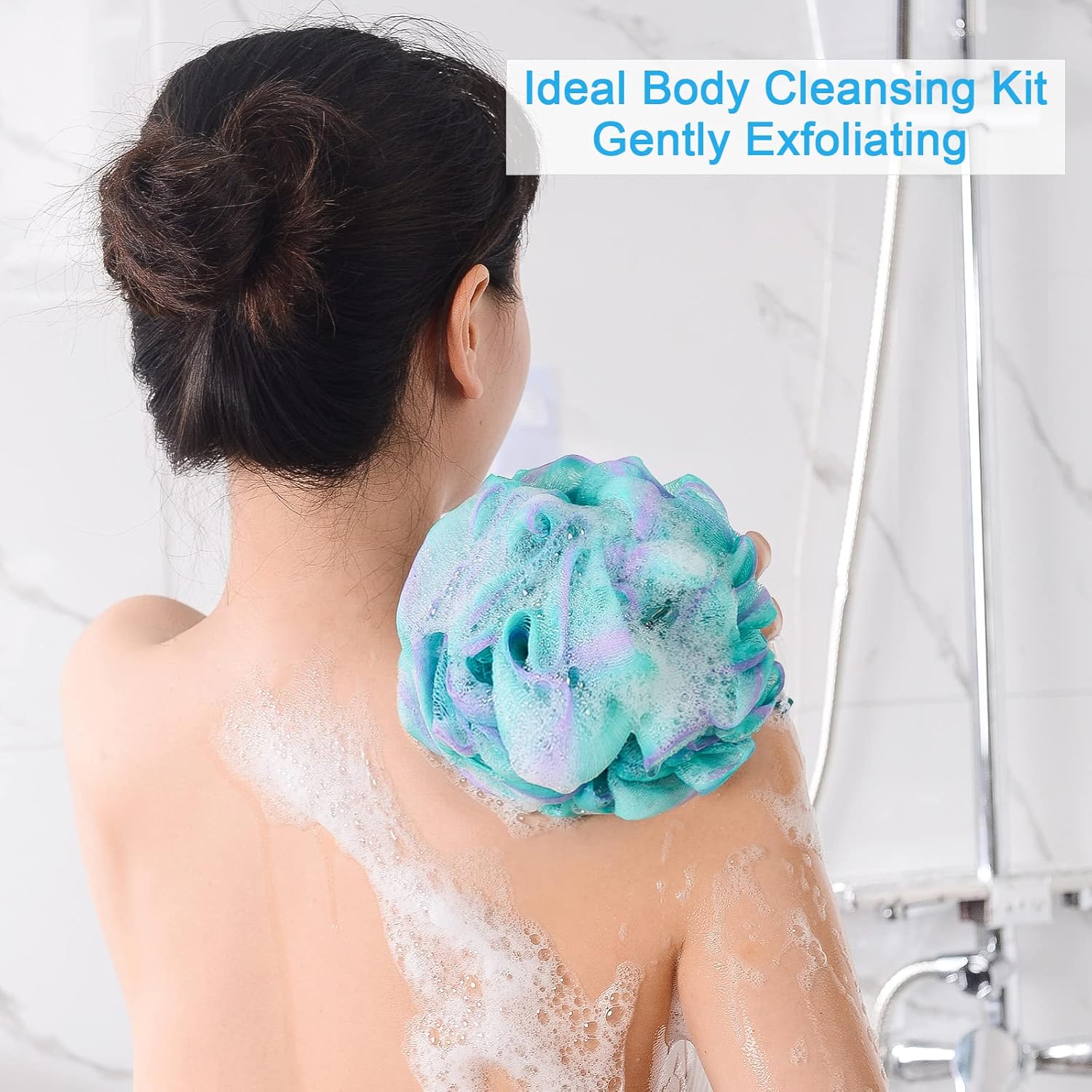Loofah Sponge 75g/Piece, Exfoliating Bath Sponge Body Scrubber - Loofa Set of 4 Flower Color (Large, Green-Purple)