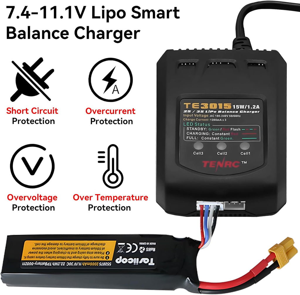 LiPo Battery Charger - 2S 3S RC Batteries Balance Chargers AC 7.4-11.1V 15W 1.2A with XH3P XH4P Plug for RC Car LiPo