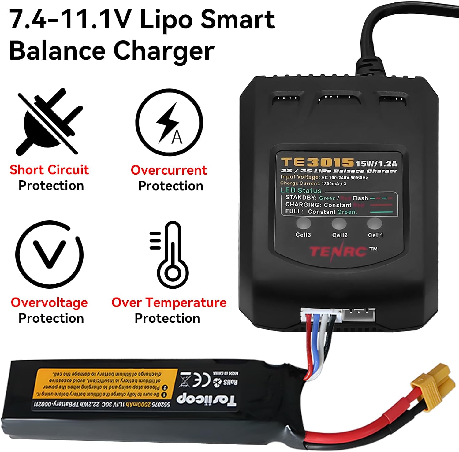 LiPo Battery Charger - 2S 3S RC Batteries Balance Chargers AC 7.4-11.1V 15W 1.2A with XH3P XH4P Plug for RC Car LiPo