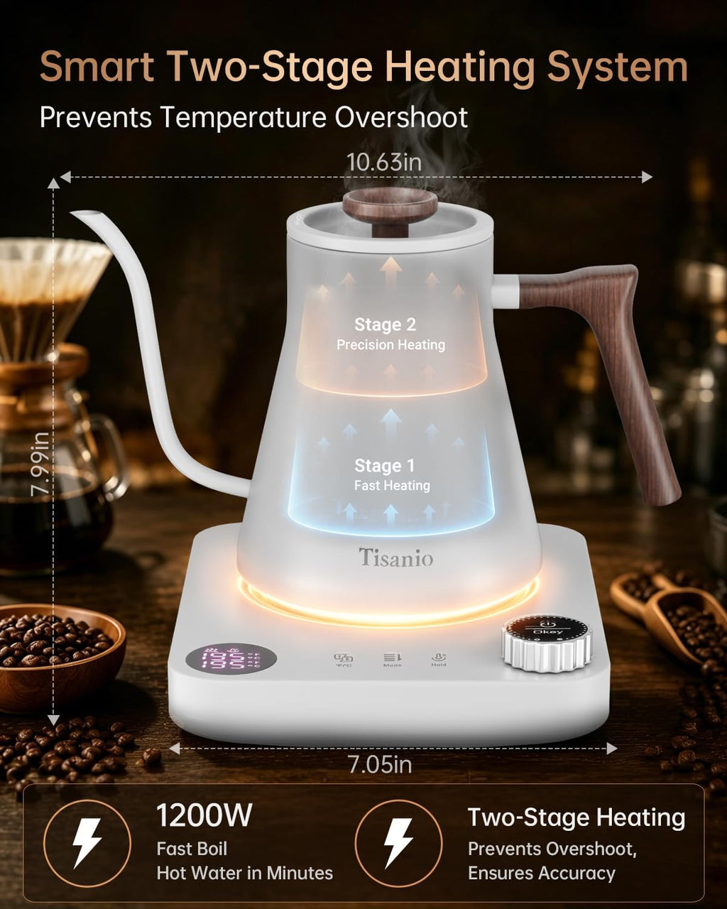 Gooseneck Electric Kettle with Temperature Control, 0.9L, White Wood | ±1°F Precision Pour Over Kettle, LCD Dual